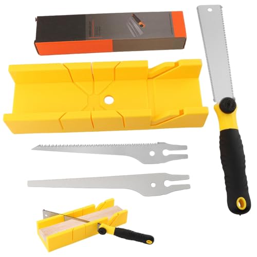 4-Piece Miter Box and Saw Set, Japanese Hand Saw for Precise Miter and Bevel Cuts, 12-Inch Mitre Box with 3 Mitre Saws for DIY, Crafting, Furniture Making(COLOR:Yellow)