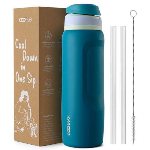 Image of Coolflask MegaSip Insulated Water Bottle 40 oz with Straw, Stainless Steel Water Bottles Leak-Proof, 24+ Hours Cold, BPA-Free Dishwasher Safe, Water Flask for Sports Gym Work Office, Scuba Blue