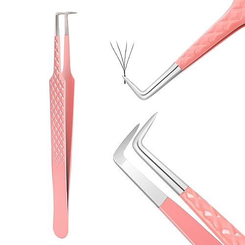 Lash Tweezers for Eyelash Extensions,High Precision Fiber Tip Tweezers 90 Degree Eyelash Tweezers Nano Fiber Tip Tweezers Professional Volume Lash Tweezers for Lash Extension Supplies (Pink)