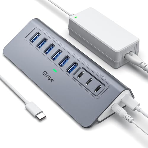 Image of Powered USB Hub 10Gbps, intpw YH6AC 9-Port USB Splitter with USB A /USB C 3.2, 4 USB 3.0, 2 PD 45W Charging Ports, 65W Power Adapter + 3.3FT Cable, Aluminum USB Extender Hub for Laptop, PC,iPhone 17 /16