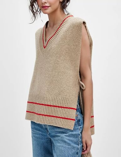 Image of Women's V Neck Sweater Vest Loose Knit Sleeveless Poncho Side Binding Fringe Pullover Tank Tops