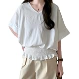 [JLBOCMGT] 半袖Tシャツ レディース トップス ブラウス 無地 5分袖 Vネック ギャザー デザイン感 フランス風 フリル 痩せて見え 薄手 涼しい レトロ エレガント 普段着 春夏秋
