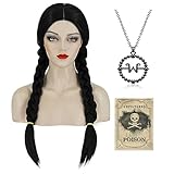 Perücke Schwarz für Damen Kinder Lang Mittelscheitel Perücke für Mittwoch Kostüm zwei geflochtene Zöpfe Halloween Karneval Kostüm Cosplay Synthetische Mädchen Wig V010