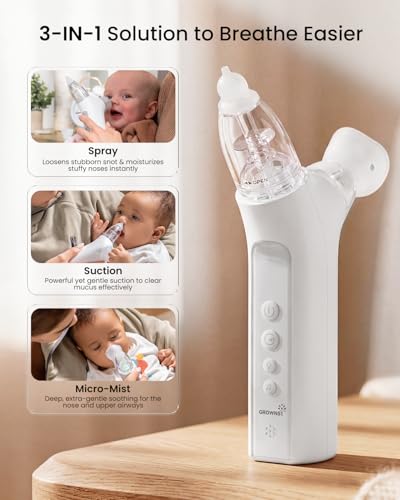 Image of GROWNSY SniffEase Spa 3-in-1 Nasal Aspirator for Baby - Spray, Suction & Mist, Hospital-Grade Powerful Electric Nose Suction with Soothing Light & Music, Larger Chamber (Grey)
