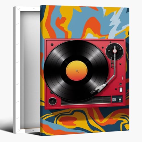 Retro Music Record Wall Art Red Vinyl Record Player Canvas Wall Art Vintage Simple Tape Recorder Poster Framed Ready to Hang Modern Music Radio Picture for Living Room Bedroom 12x18inch Framed