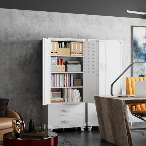 Image of Aobabo Upgraded Metal Garage Storage Cabinet with Wheels and 2 Drawers, Lockable Rolling Tools Cabinet with Pegboards and Hooks,Assembly Required,White
