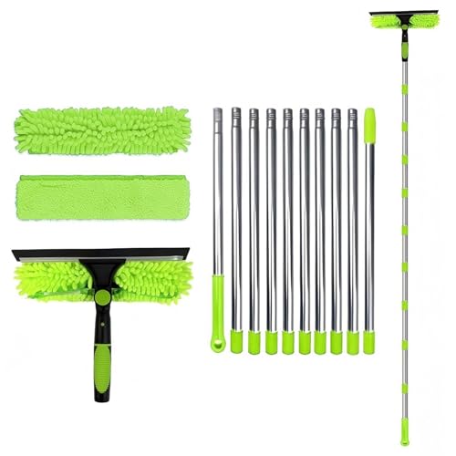 DSXVJHD Window Cleaning Kit, 4.5m Extendable Window Cleaning Equipment, 2 in 1 Extra Long Telescopic Window Cleaning Pole with Squeegee, 2 Microfiber Cloths for Home, Cars, Walls (Green)