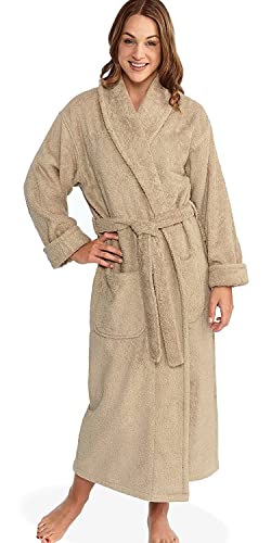 Parador Women's Full Ankle Length Terry Shawl Collar Robe - 100% Pure Turkish Cotton - (Medium, Taupe) #TOP3