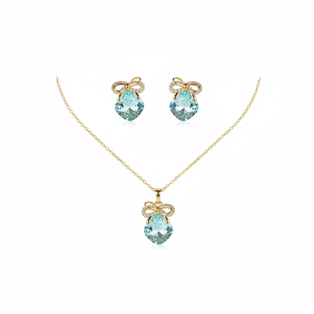 SVORA Blue Bow Cushion Necklace & Earrings Set for Women | Waterproof & Anti Tarnish Jewellery Set | Gift for Girls & Women-image-38
