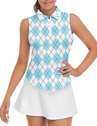 Women's Argyle Golf Shirt Plaid Polo Shirts Moisture Wicking Sleeveless Shirt Golf Clothes (Blue Argyle,Medium)