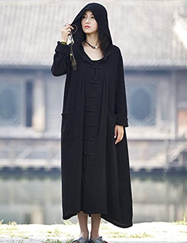 NFYM Women's Trench Coat Hooded Jacket Long Sleeve Chinese Frog Button Comfy Cotton Outwear with Pocket4