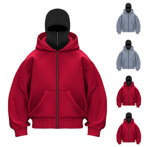 Hoodie with Built In Balaclava Fall Oversized Double Hooded Zip Jacket Wind-resistant Winter Hoodies with Pockets