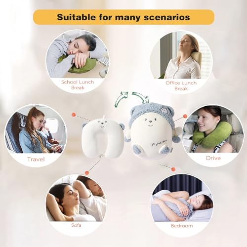 Image of Kids Travel Pillow - 2-in-1 Deformable Kids Neck Pillow for Traveling, Soft U-Shaped Pillow with Adorable Animal Design, Comfy Sleep and Play, Ideal for Airplanes and Cars - Blue Bear