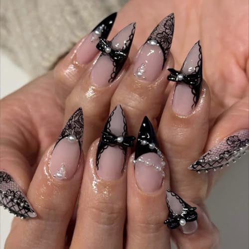 Almond Press on Nails Medium - Black Lace, 3D Bow, Pearl | Coquette Fake Nails, Reusable Glue on Nails, DIY Manicure at Home, 24Pcs