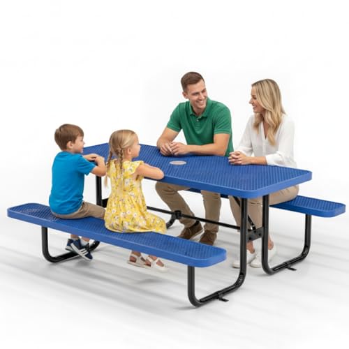 OUTTANS Commercial Heavy-Duty Metal Picnic Table - ADA Compliant, Adjustable Seats, Umbrella Hole, Expanded Metal (Blue, 6' Rectangular)