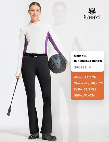 FitsT4 Sports Damen Reithose Bootcut Reitleggings Silikon Vollbesatz Schlaghose Reithose mit Handytasche und Gürtelschlaufen für Reitsport Pferdetraining Reitturnier,Schwarz,M