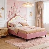 Hauptrolle Kinderbett Polsterbett 90x200 cm mit LED-Leiste und Höhenverstellung, Prinzessin Bett mit Kronen-Kopfteil in Rosa Samt für Mädchen, Einzelbett mit Lattenrost, ohne Matratze