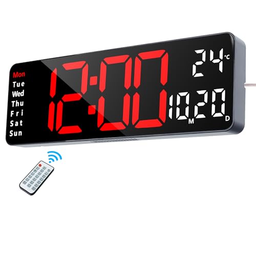 Lafocuse Horloge Numérique Murale LED, Digitale Grande Affichage 32cm avec Télécommande, Température, Date, Jour, 2 Alarmes, 12/24H, Luminosité Réglable Pendule...
