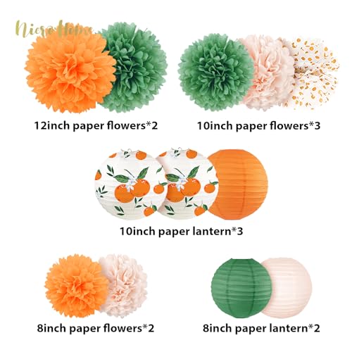 Image of NICROHOME EUR Little Cutie Baby Shower Decorations, 12 PCS Orange Green Tissue Paper Pom Poms and Lanterns Set for Spring Summer Party Decorations, Fruit Citrus Themed Birthday Party Supplies