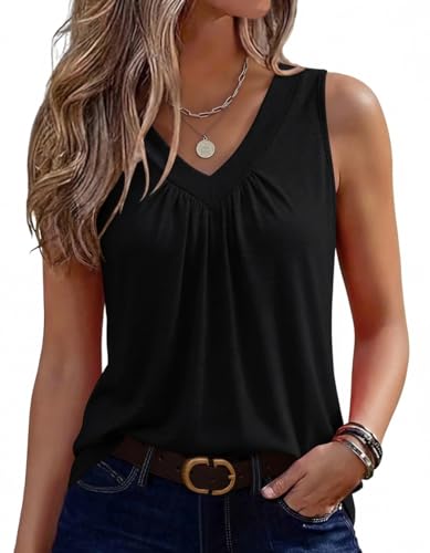 Zeagoo Top damski tank top z dekoltem w serek, na lato, bez rękawów, na co dzień, kamizelka z okrągłym obszyciem, S-XXL, czarny, XL