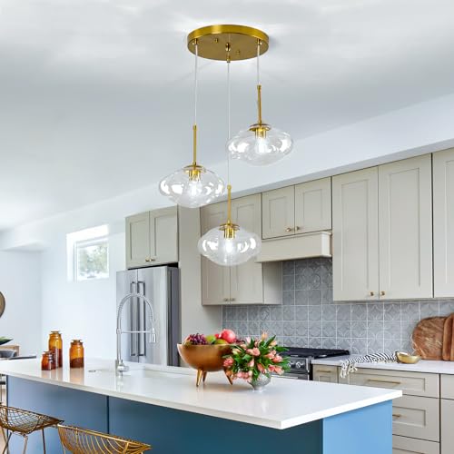 Image of 3-Light Gold Chandelier Modern Kitchen Island Pendant Light with Clear Glass Globe Shades Adjustable Height Flush Mount Ceiling Light Fixture for Dining Room Bedroom Living Room.