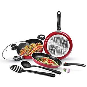 Milton Pro Cook Induction Kitchen Jewel Set of 5 (Fry pan 24 cm/1.6 litres; Kadhai 24 cm/2.5 litres with Glass lid; Tawa 25 cm;Nylon Laddle and Spatula), Maroon | Dishwasher | Hot Plate | Flame Safe