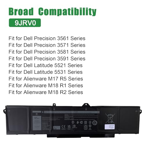 Image of 9JRV0 53XP7 053XP7 Laptop Battery Replacement for Dell Latitude 5521 5531 Precision 3561 3571 3581 3591 Series Notebook 05RGW 005RGW 11.4V 97Wh 8071mAh
