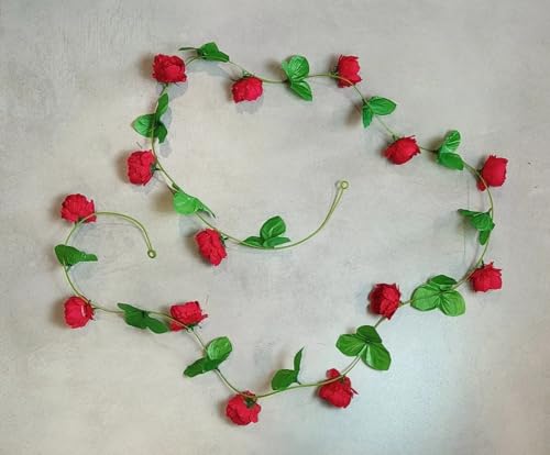 Image of SATYAM KRAFT 2 Lines Artificial Cherry Blossom Rattan Flowers Wall Hanging Flower Decor - Perfect Rose Garland for Home, Office, Wedding, Festival, Ganpati Decoration (2, Peony line Red)