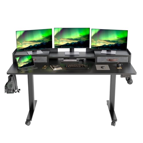 Image of Claiks Standing Desk with Drawers & Wheels, 2 Height Shelf 63 inch Black