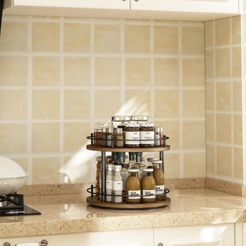Image of 2 Tier Lazy Susan Organizer,2-Tier Spinning Spice Rack with Stable Carousel Base & 4 Height Settings for Cupboard Kitchen Countertop Dining Table Cupboard (Two-Ply(Round))