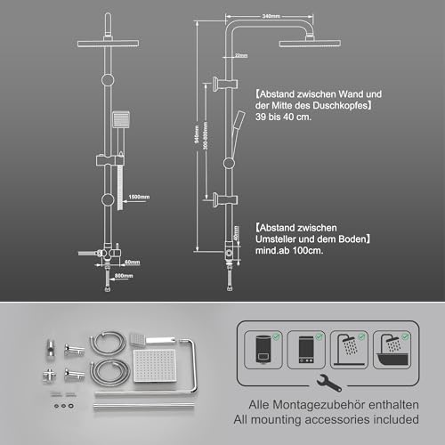 Miniatura 6 de Joho Columna De Ducha Sin Grifo Para Baños Conjunto, Sin Thermostato Monomando Set Ducha Con Barra Altura Adjustable Con Ducha Mano Alcachofa Y Cabezal Rociador 20x20cm.