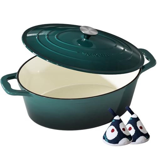 Enameled Cast Iron Dutch Oven - 9.3QT Dutch Oven Pot with Lid & Cotton Potholders - Heavy-Duty Non Stick Casserole Pot for Braising Stews Roasting Baking Suitable for All Stovetops Bottle Green