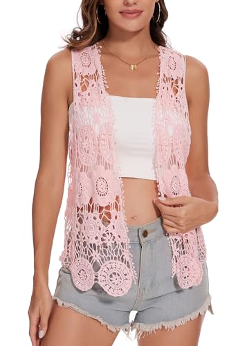Image of Anna-Kaci Lace Front Open Sleeveless Top Cardigan Crochet Vest Cover up Summer Beachwear