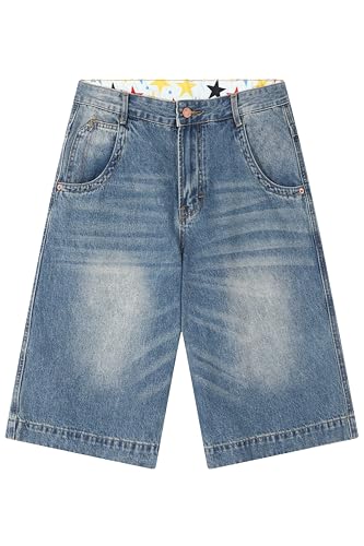 MZNBURAM Men's Non-Stretch Relaxed Fit Wide-Leg Baggy Long Denim Shorts-14 Inseam Below Knee (30, A#Medium Blue)