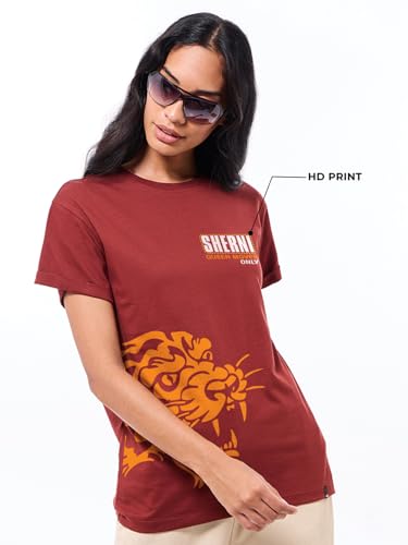 Image of Bewakoof Women's 100% Cotton Typography Boyfriend Fit Half Sleeve Round Neck T-Shirt | Casual wear | Streetwear | Oversized Tshirt for Woman Cotton| Baggy