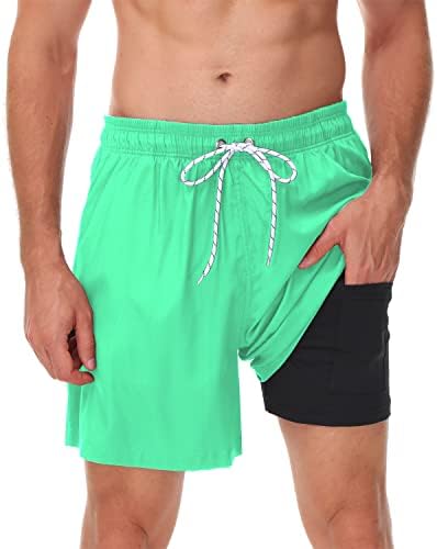 Seisocho Mens Swim Trunks with Compression Liner Swim Shorts Bathing Suits Swimwear Zipper Pockets,Lake Green,Large