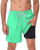 Seisocho Mens Swim Trunks with Compression Liner Swim Shorts Bathing Suits Swimwear Zipper Pockets,L