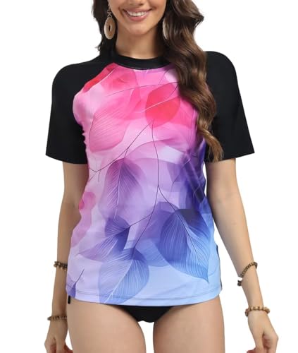 SURFEASY Womens UV Rash Vest UPF 50+ Rash Guard Quick Dry Beach Swim Shirt Swimming Wetsuits Tops Swimsuits Short Sleeve(Colorful Leaves M)