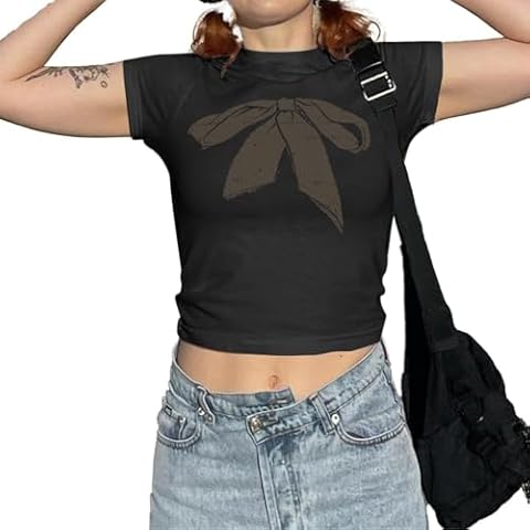 KIEKIECOO Vintage Graphic Baby Tee for Women Short Sleeve Cute Crop Tops for Teen Girls Aesthetic Y2k Cropped Tshirt (Black, L) Cover