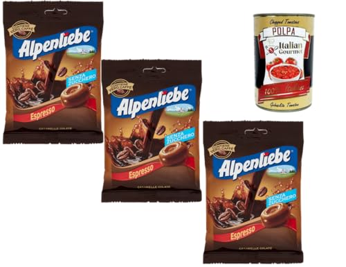 Alpenliebe Espresso Candy Candy - Juego de 3 caramelos sin azúcar (3 x 80 g, con café real, caramelos duros sin azúcar, para viajes, oficina y coche, incluye polpa italiana gourmet italiana)
