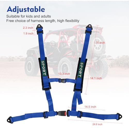 Image of 2Pcs 4 Point Racing Harness With Padding Heavy Duty Buckle Upgraded 2 Inch Straps UTV Harness 4 point Universal Adjustable for Adults Easy Install, Blue