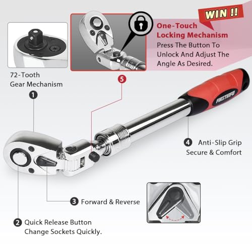 Image of FIRSTINFO 1 /2 Drive Locking Flex-Head Extendable Ratchet, 72-Tooth | Quick-release • Reversible lever • One-touch lock • 180-degree flexible head • Soft grip • 13.8 inch-19.3 inch length • Taiwan Made