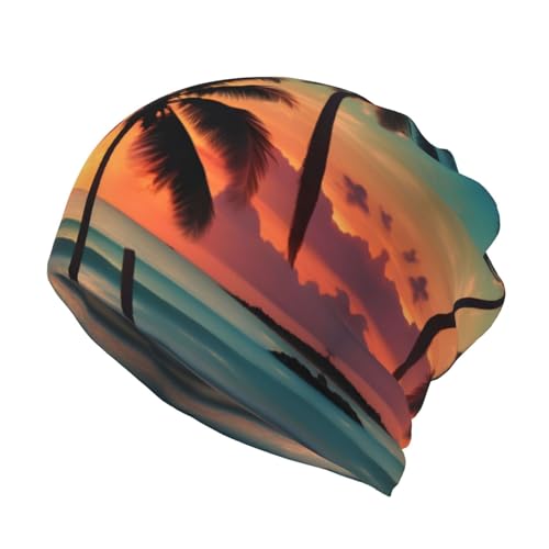 Tropical Beach Palm Tree Print Ponytail Beanie for Women,Winter Beanie Hat Face Mask Covering Neck Gaiter for Cold Weather Black