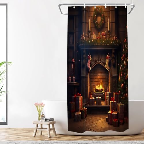 Shrahala Christmas New Year Polyester Shower Curtain, Socks Fireplaces Presents Christmas Trees Bath Curtain Waterproof with Plastic Rings for Shower Stall Bathtubs 72 X 36 in