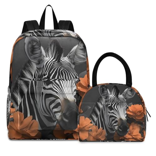 Backpack Lunch Bag Set Zebra with Flowers Print, Big Storage Travel Backpacks with Insulated Lunch Box for Office Hiking Picnic