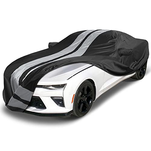 Image of Coverland Custom Car Cover Waterproof All Weather for 2010-24 Chevy Camaro LT, LS, RS, SS, Weatherproof Car Covers for Automobiles, Rain, Sun Protection, Full Exterior Covers, Stripe(Black /Gray)