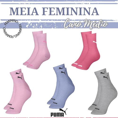 Kit 05 Pares de Meia Puma Cano Médio Algodão Colorida Feminina | 34-39 | 3 Rosa - 1 Azul - 1 Cinza