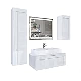 Vladon Juego de Muebles de baño Armario Aloha V2, Carcasa en Blanco Mate/Frentes en Blanco Alto Brillo y Offsets en Blanco Alto Brillo con Lavabo sobre encimera y Grifo (M1) y Espejo LED