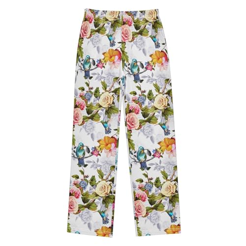 Spring Rose Floral Bird Boys Long Pants Soft Trousers Elastic Waist Kids Lounge Bottoms with Pockets S-XL