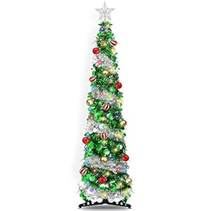 5FT Pop Up Christmas Tree with Timer 60 Warm White & Multi Color Fairy Light 3D Star 15 Ball Ornament, Green Sliver Tinsel Christmas Tree Slim Pencil Xmas Tree Home Office Holiday Decor Indoor Outdoor